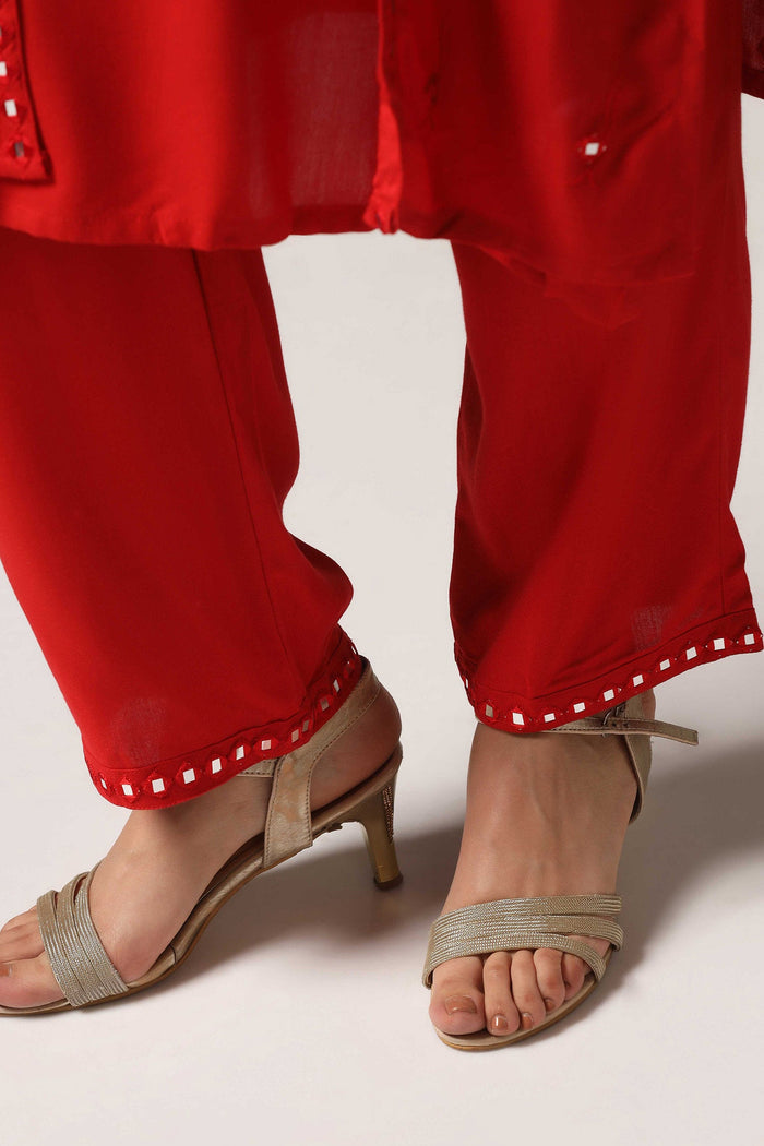 Red Rayon Kurti With Pants