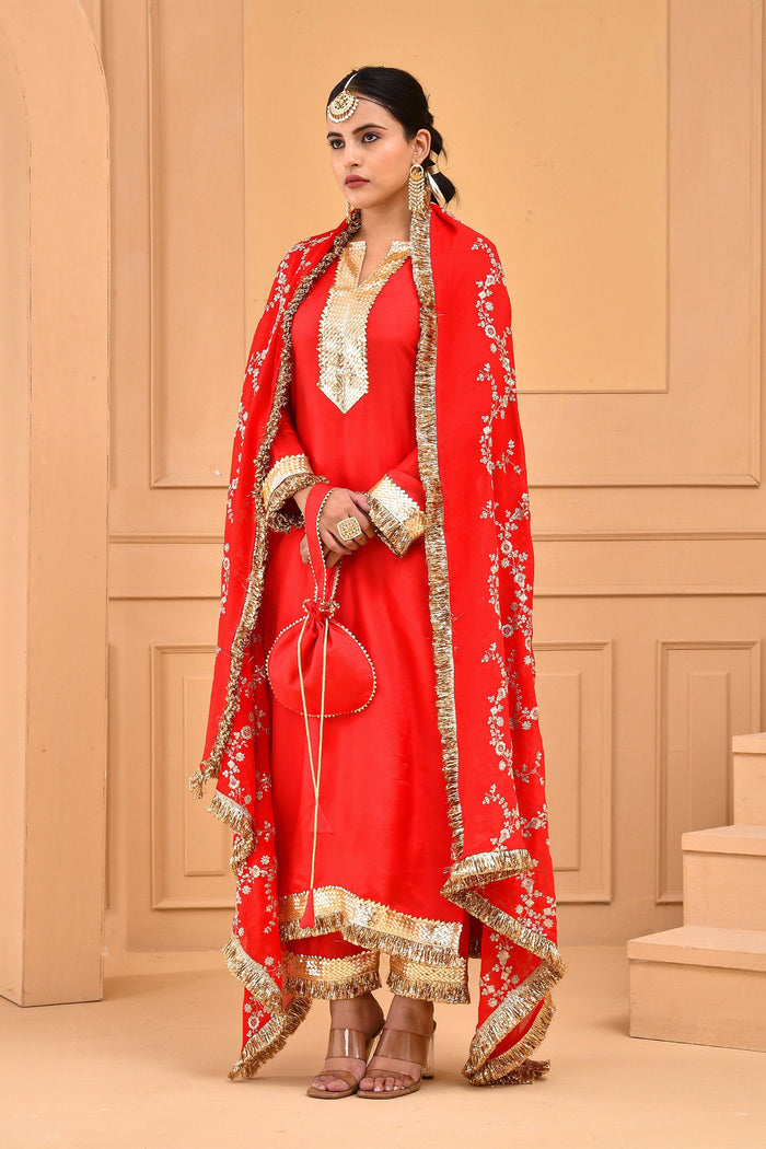 Red Silk Kurta Set With Embroidery