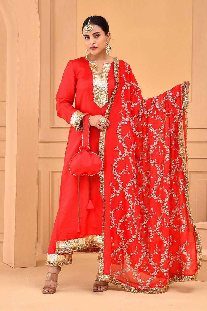Red Silk Kurta Set With Embroidery