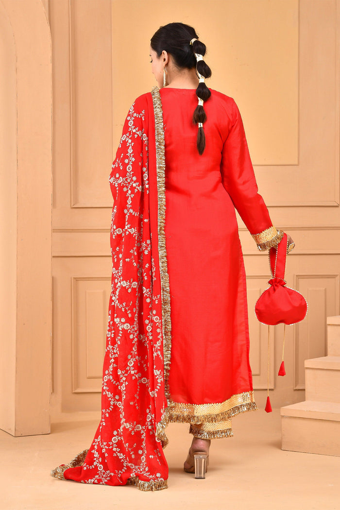 Red Silk Kurta Set With Embroidery