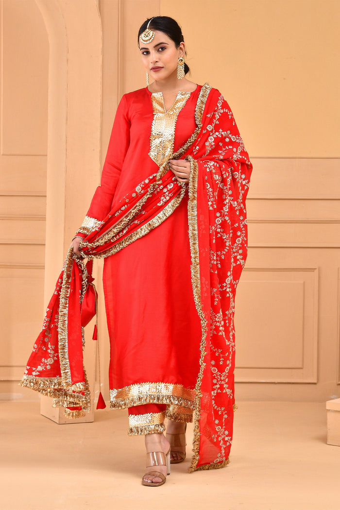 Red Silk Kurta Set With Embroidery