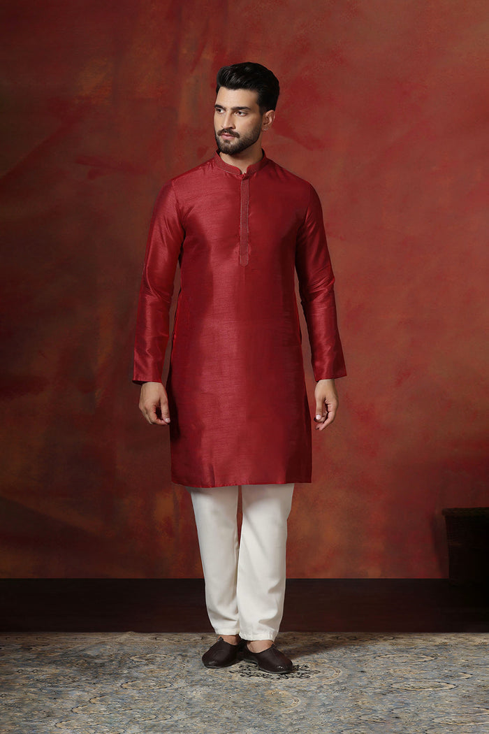 Red Solid Dupion Kurta Set