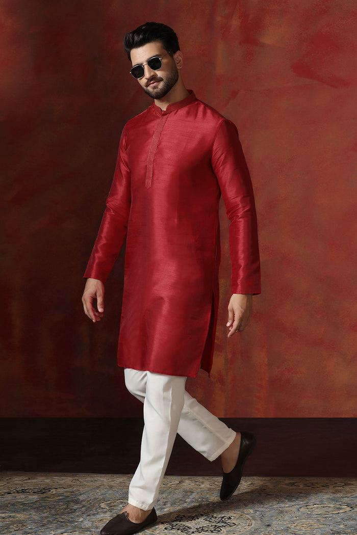 Red Solid Dupion Kurta Set