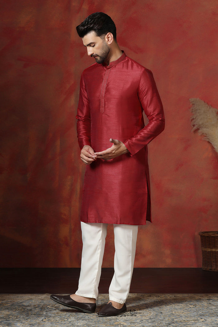 Red Solid Dupion Kurta Set