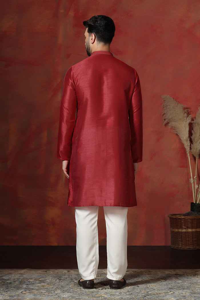 Red Solid Dupion Kurta Set
