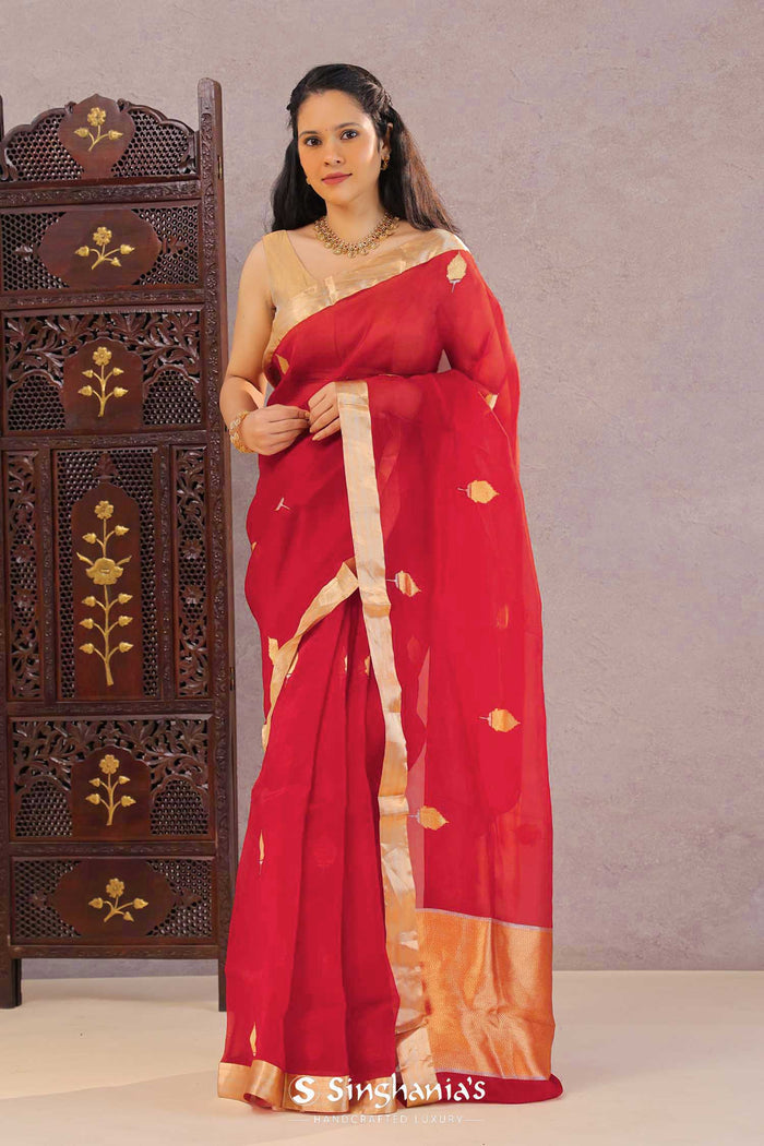 <img> Red Tissue Banarasi Silk Saree With Butti'S