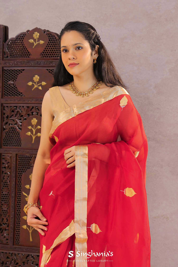 <img> Red Tissue Banarasi Silk Saree With Butti'S