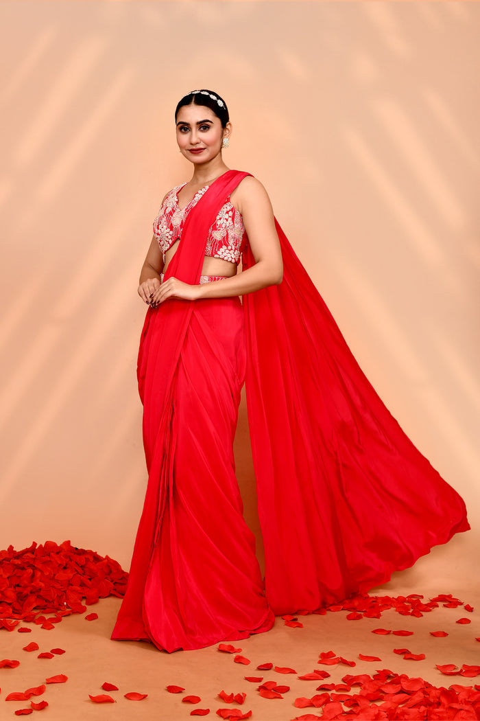 Reddish Pink Crepe Silk Draped Saree