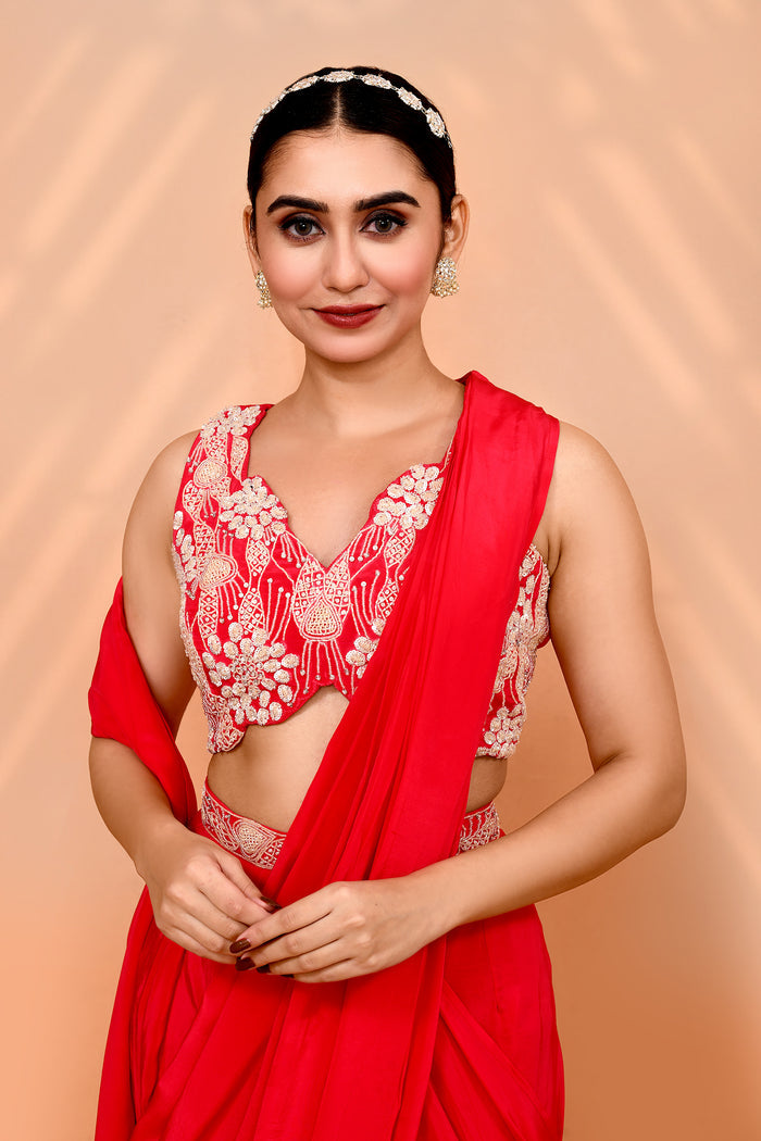 Reddish Pink Crepe Silk Draped Saree
