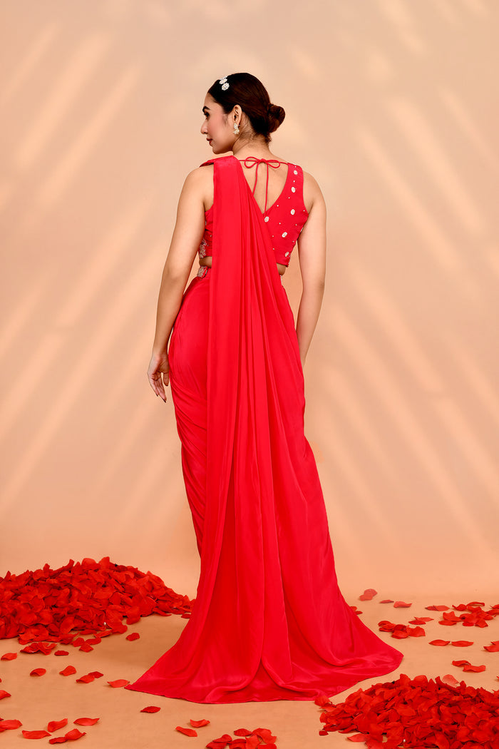Reddish Pink Crepe Silk Draped Saree