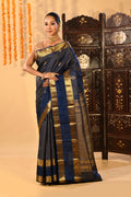 Regal Navy Blue With Checks And Butti On Kanjivaram Silk Saree