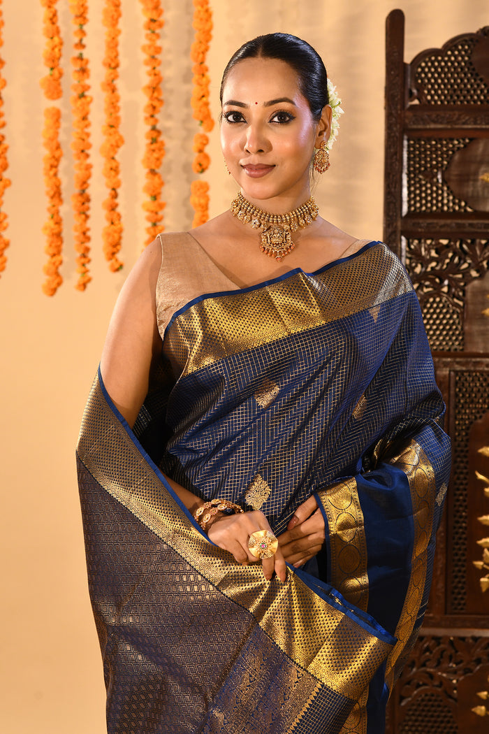 Regal Navy Blue With Checks And Butti On Kanjivaram Silk Saree