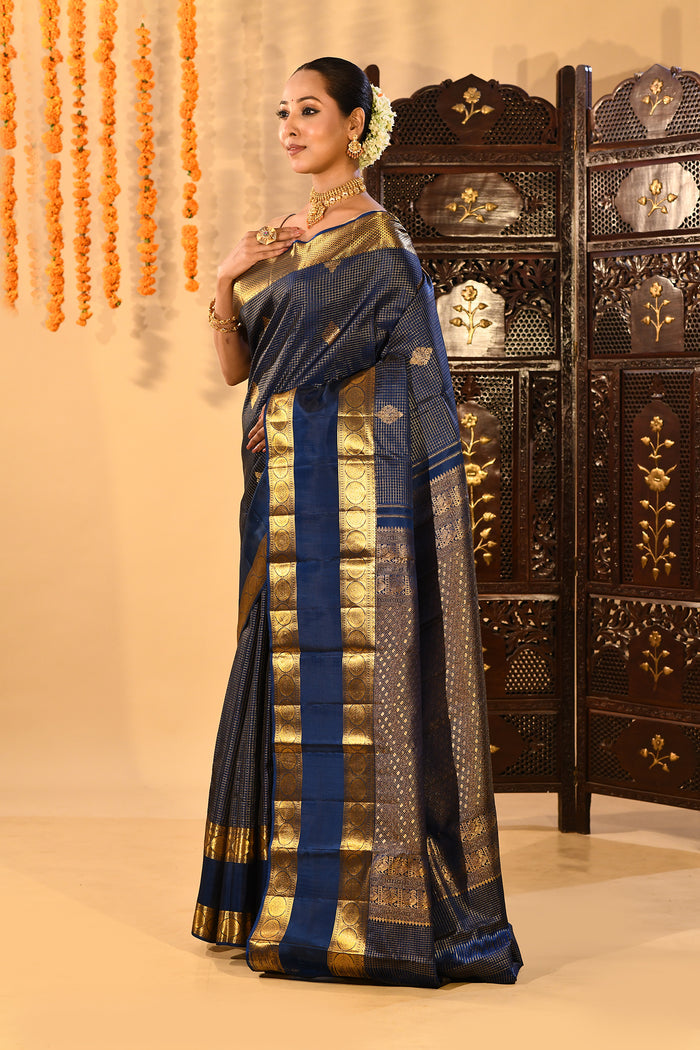 Regal Navy Blue With Checks And Butti On Kanjivaram Silk Saree