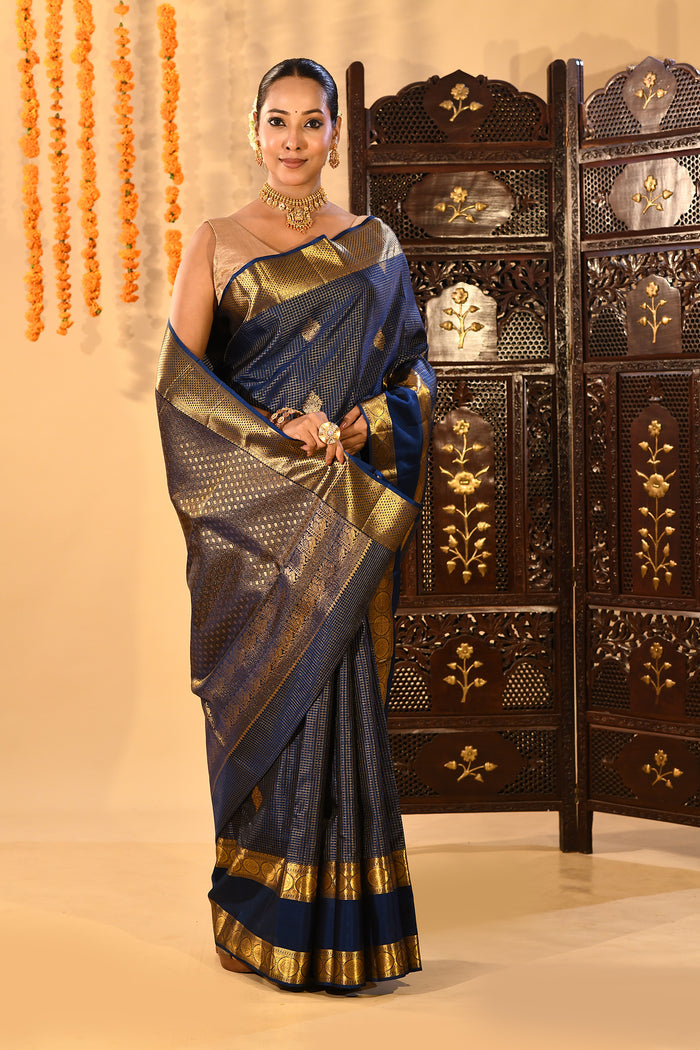 Regal Navy Blue With Checks And Butti On Kanjivaram Silk Saree