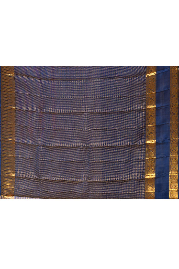 Regal Navy Blue With Checks And Butti On Kanjivaram Silk Saree
