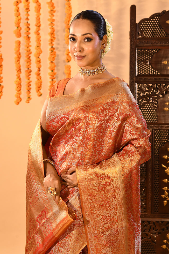 Resplendent Peach Orange Kanjivaram Tissue Silk Saree With Ornate Floral Jaal