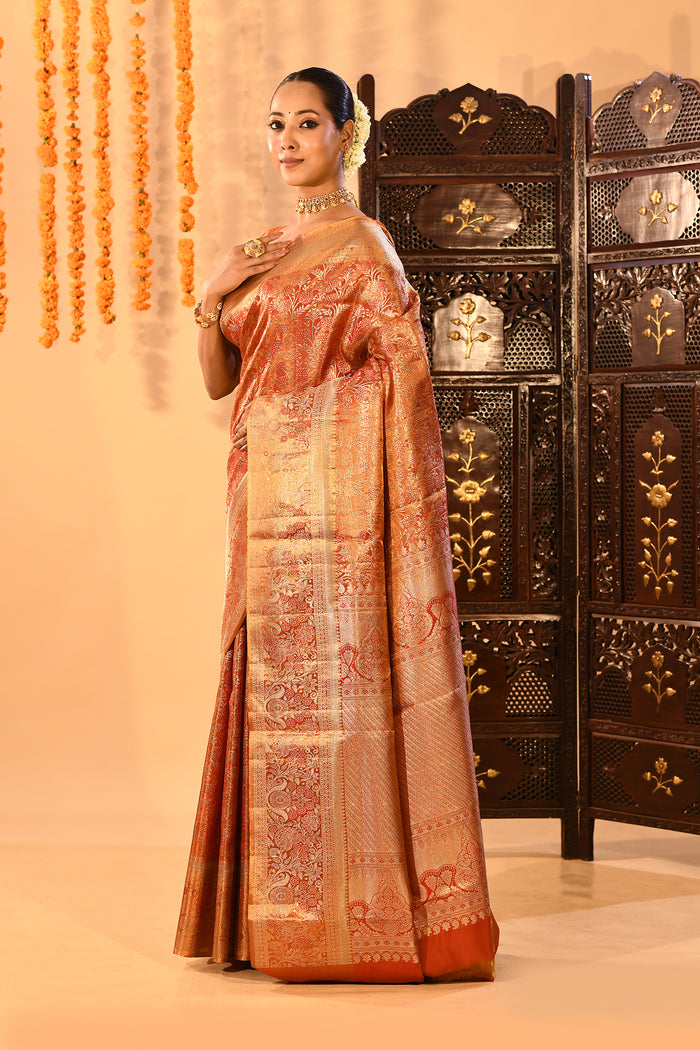 Resplendent Peach Orange Kanjivaram Tissue Silk Saree With Ornate Floral Jaal