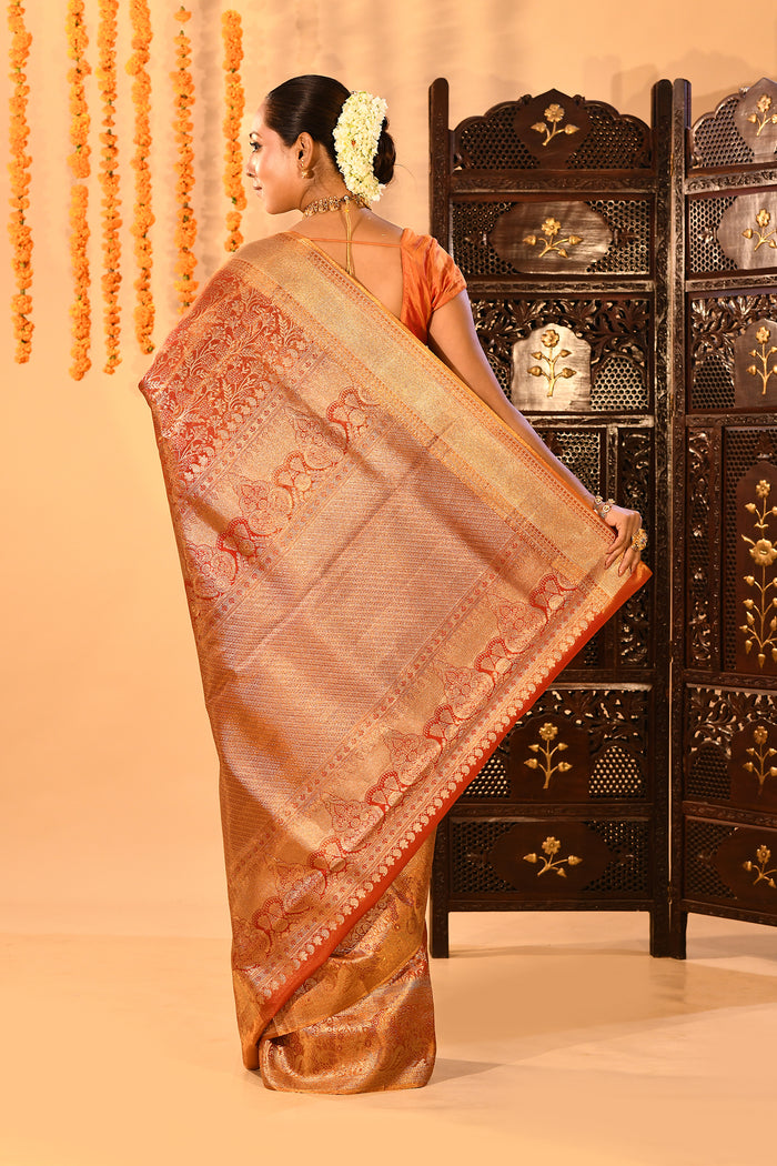 Resplendent Peach Orange Kanjivaram Tissue Silk Saree With Ornate Floral Jaal