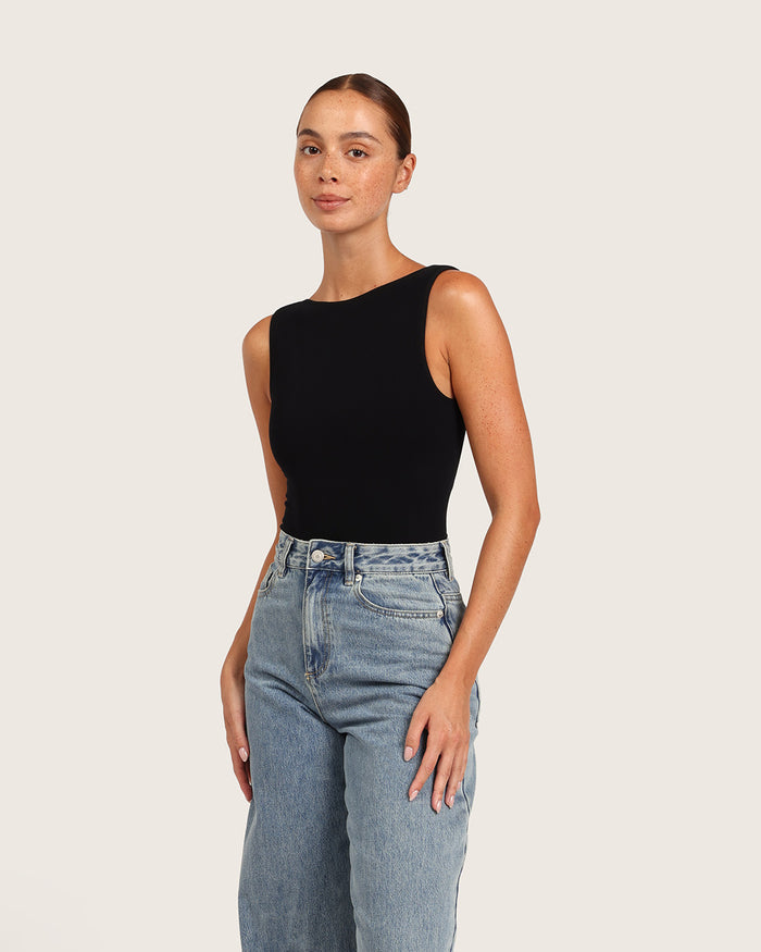 Ribbed Boat Neck Bodysuit - Black