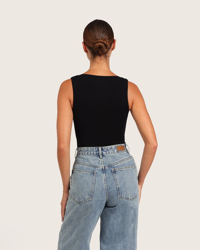 Ribbed Boat Neck Bodysuit - Black