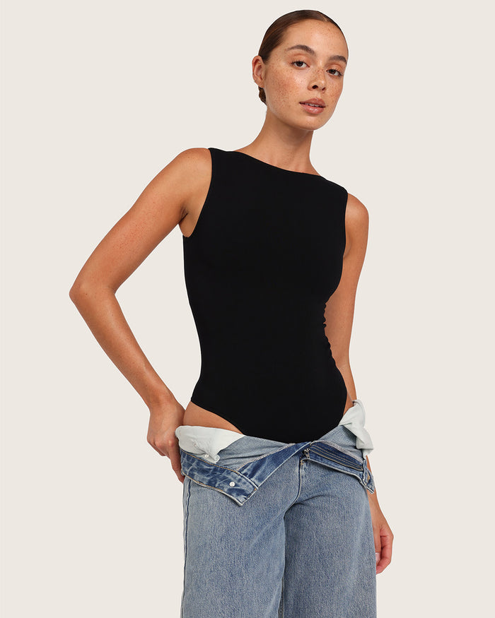 Ribbed Boat Neck Bodysuit - Black