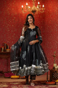 <img> Rich Black Organza Floral Printed Anarkali Set