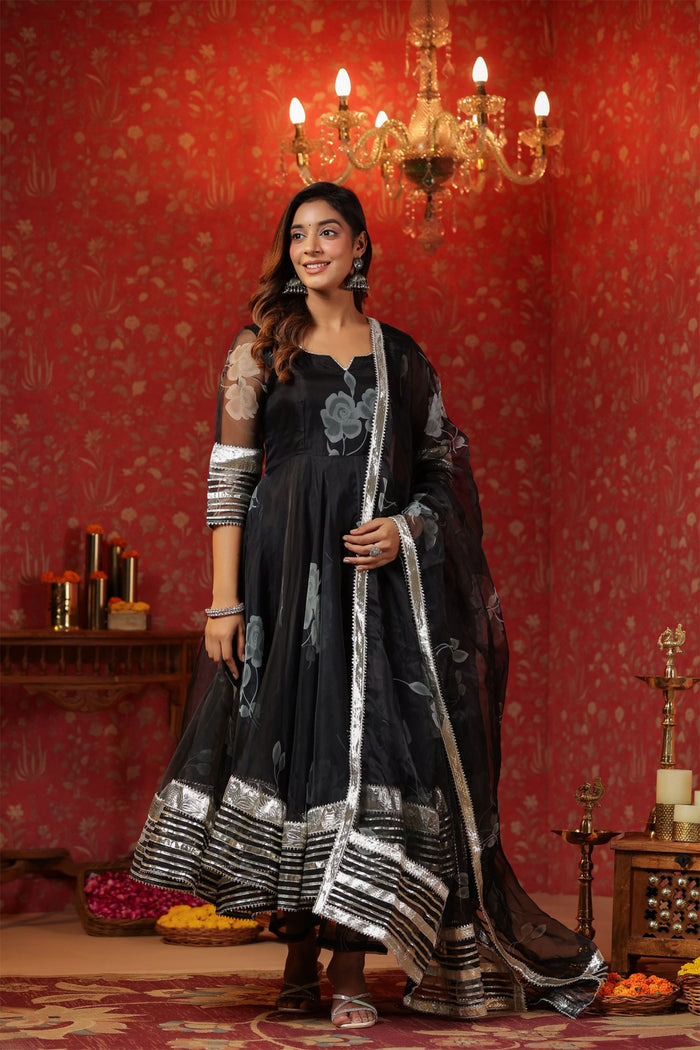 <img> Rich Black Organza Floral Printed Anarkali Set