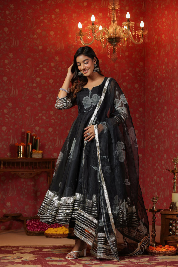 <img> Rich Black Organza Floral Printed Anarkali Set