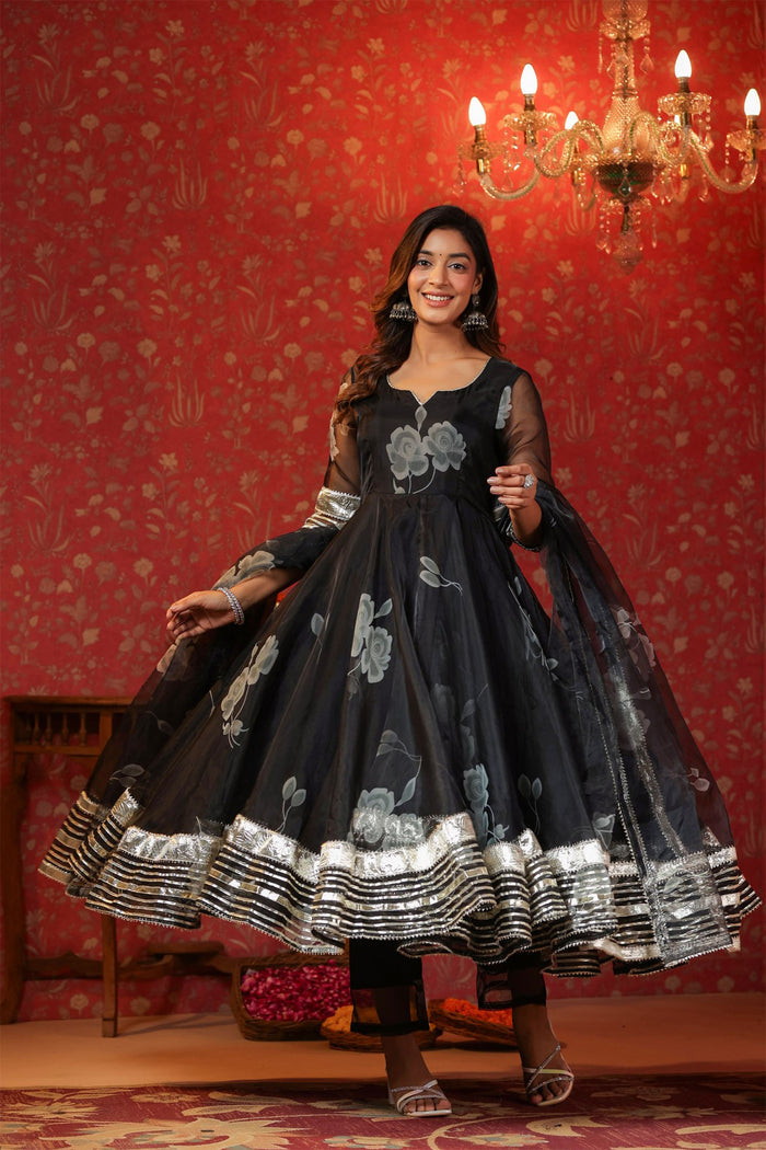<img> Rich Black Organza Floral Printed Anarkali Set