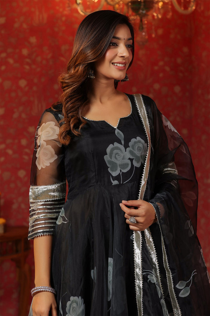 <img> Rich Black Organza Floral Printed Anarkali Set