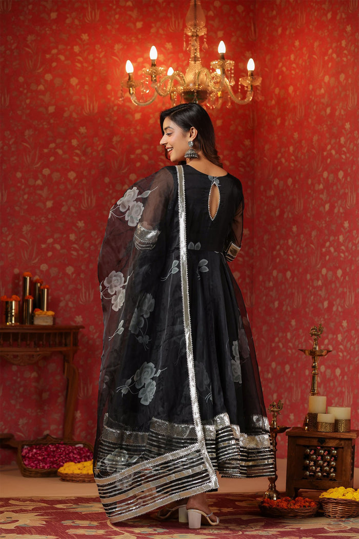 <img> Rich Black Organza Floral Printed Anarkali Set