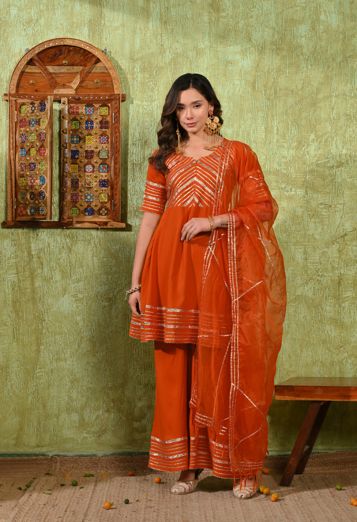 Rich Orange Rayon Embroidered Kurta Set