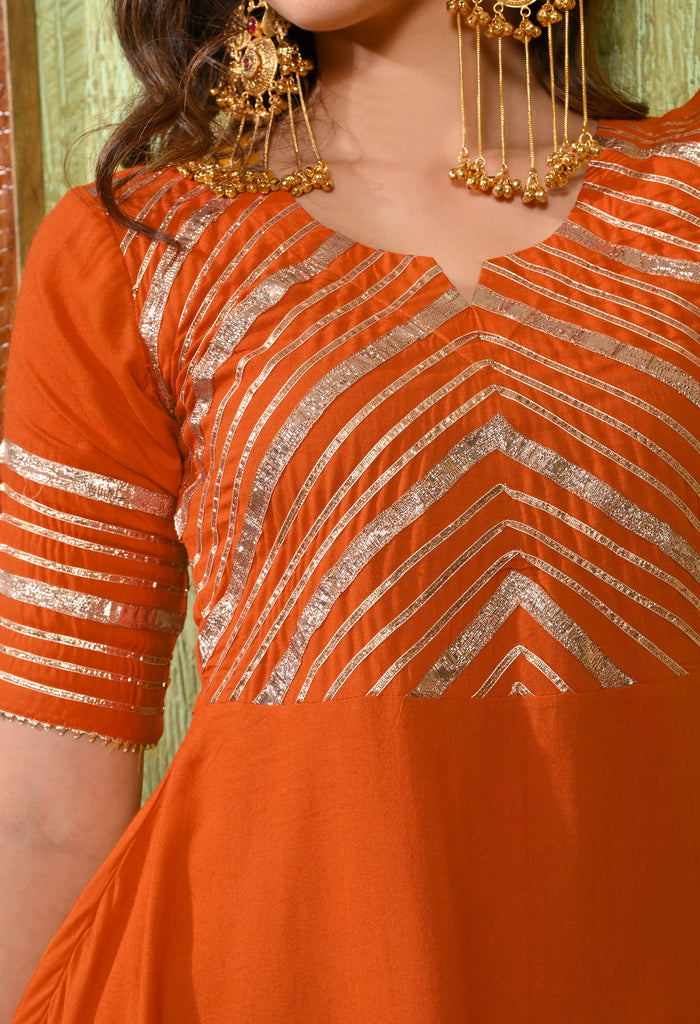 Rich Orange Rayon Embroidered Kurta Set