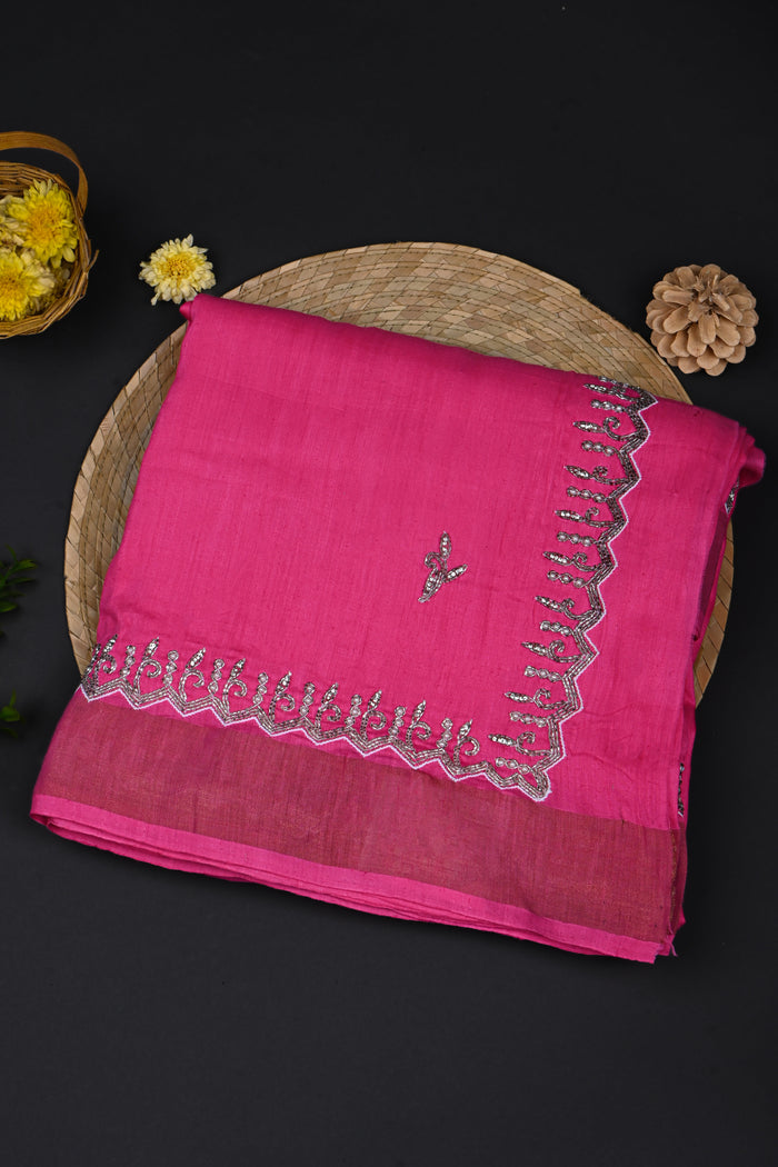Rich Pink Embroidered Moonga Silk Saree