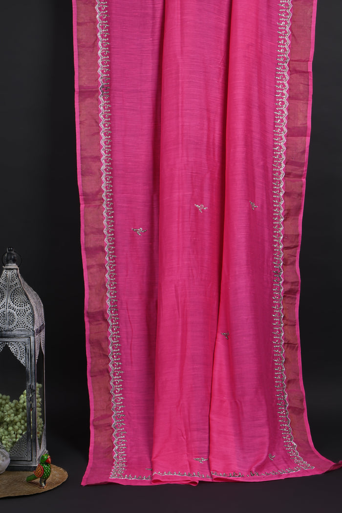 Rich Pink Embroidered Moonga Silk Saree