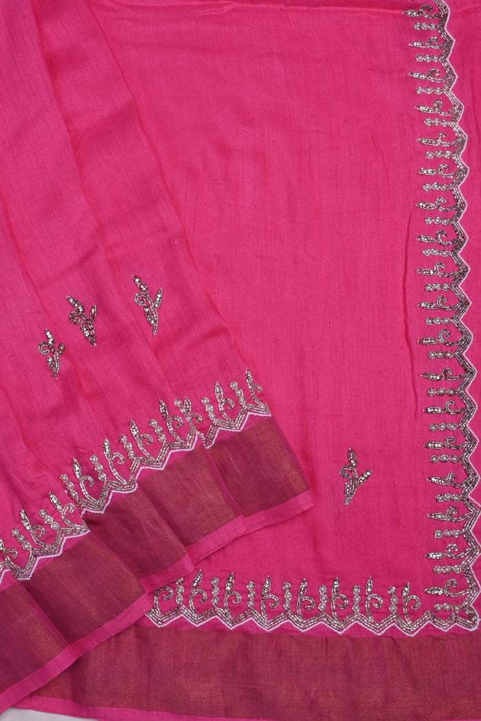 Rich Pink Embroidered Moonga Silk Saree