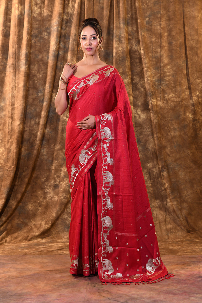 Rich Pink Embroidered Tussar Silk Saree