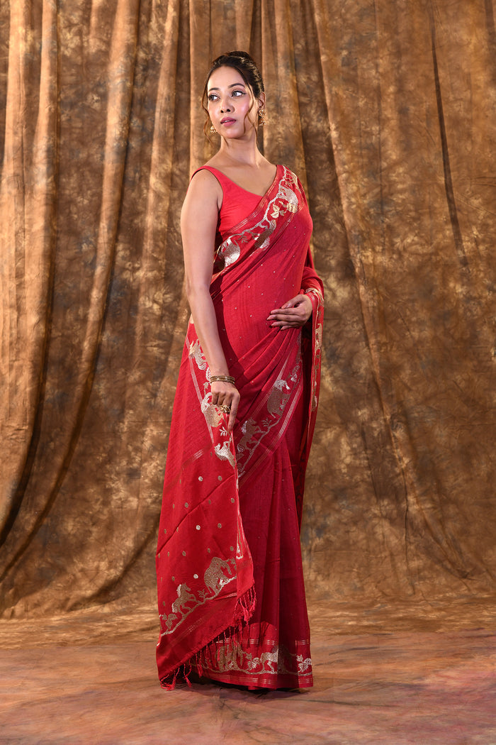 Rich Pink Embroidered Tussar Silk Saree
