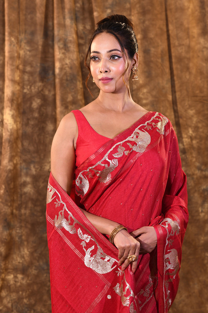 Rich Pink Embroidered Tussar Silk Saree