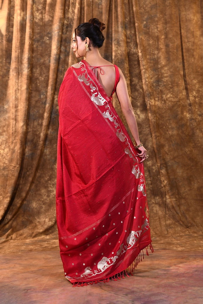 Rich Pink Embroidered Tussar Silk Saree