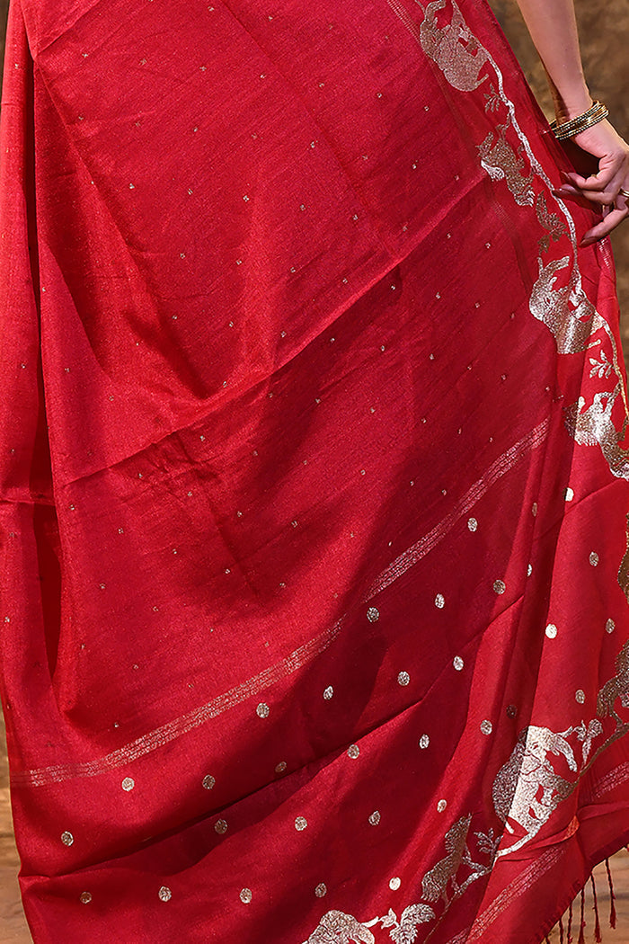 Rich Pink Embroidered Tussar Silk Saree