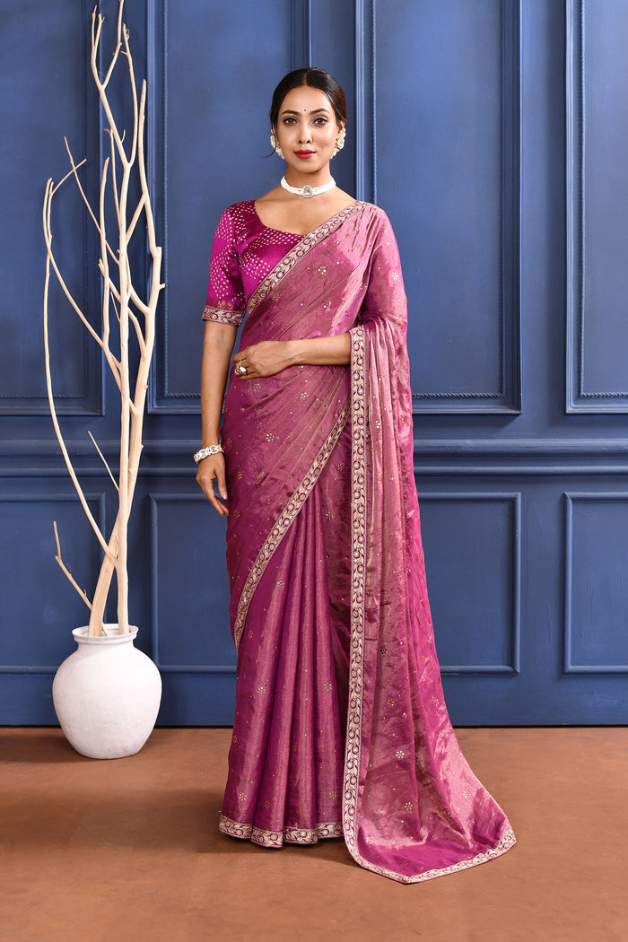 Rich Pink Foil Printed Tissue Saree