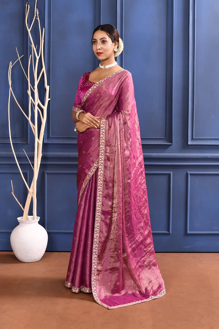 Rich Pink Foil Printed Tissue Saree