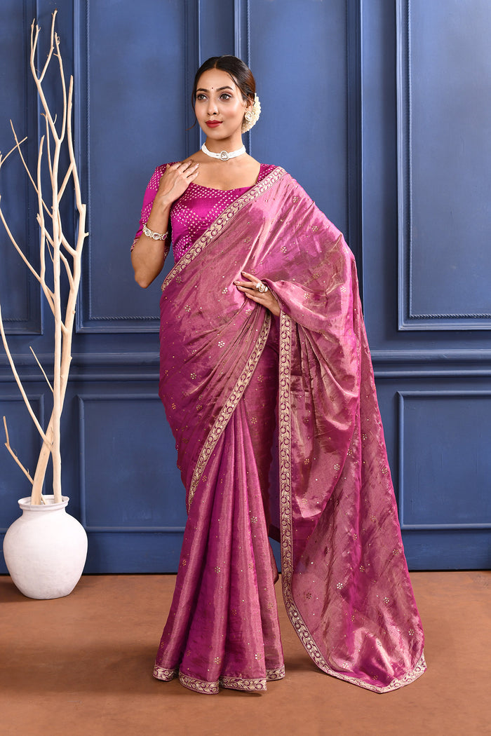 Rich Pink Foil Printed Tissue Saree