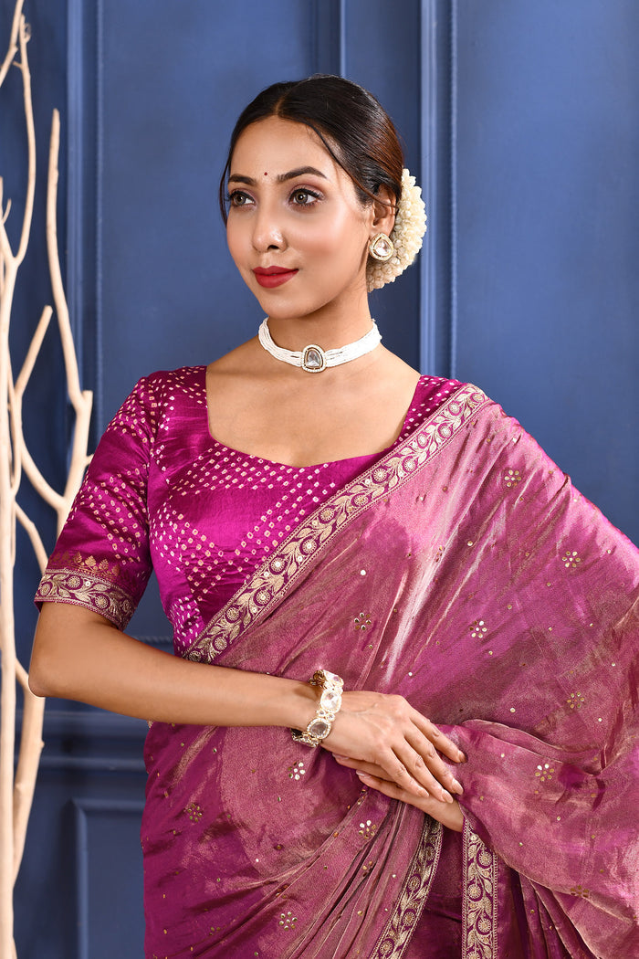 Rich Pink Foil Printed Tissue Saree