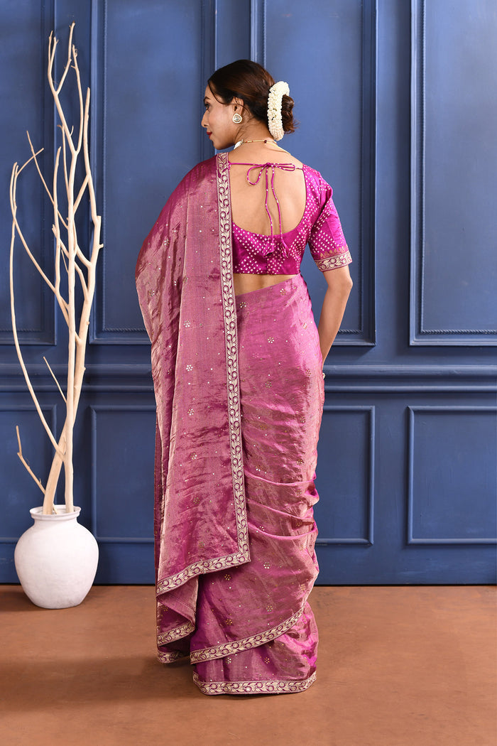 Rich Pink Foil Printed Tissue Saree