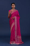 Rich Pink Satin Silk Saree With Floral Buttis