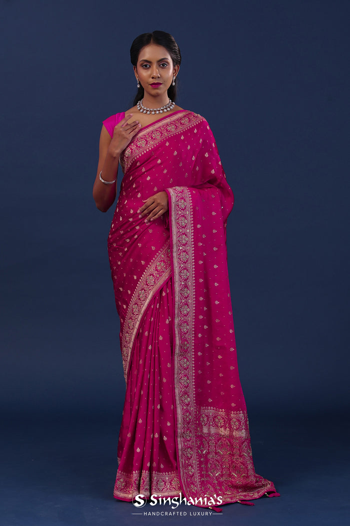 Rich Pink Satin Silk Saree With Floral Buttis