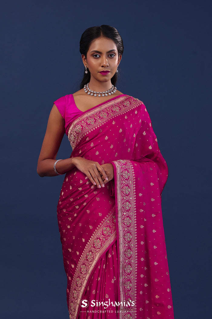 Rich Pink Satin Silk Saree With Floral Buttis