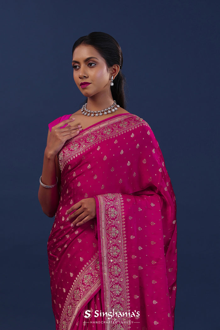 Rich Pink Satin Silk Saree With Floral Buttis